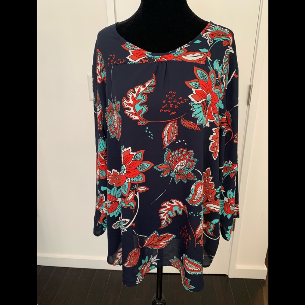 Blue/ Floral Print 3/4 Sleeve Top Size XXL